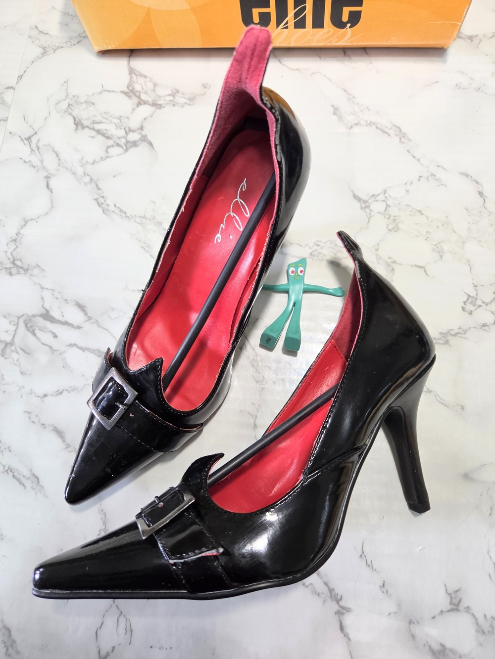 Ellie Black Patent Witchy Pointed-Toe Stiletto Heels, Size 7